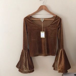 NWT Gold Bell-Sleeve Velour Velvet Crop-top